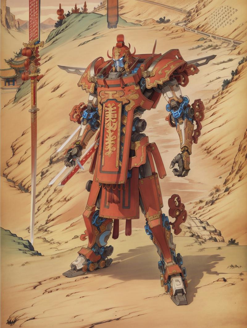 00770-4021976833-best quality, master piece, 1 mecha ,  strong, red chinese armor, engineering map,drawing, weapon,sword, _lora_画风LoRA：小人书·连环画  X.png